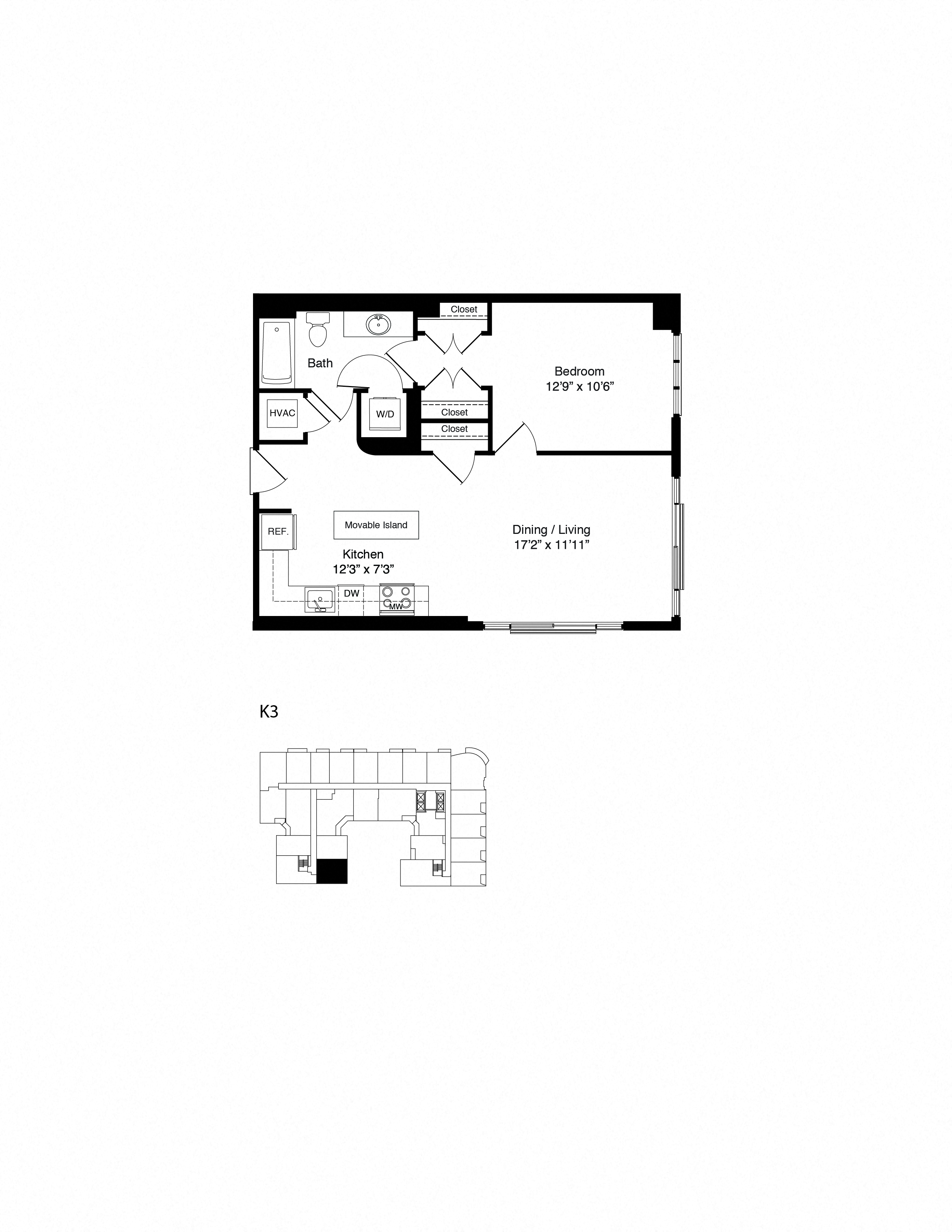 Floor plan for 1 bed, 1 bath, 718 sqft